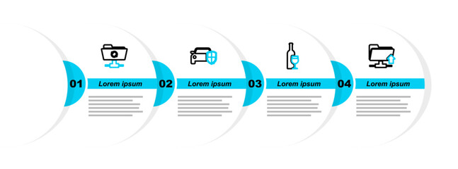 Poster - set line ftp folder upload, wine bottle with glass, car protection or insurance and sync refresh ico