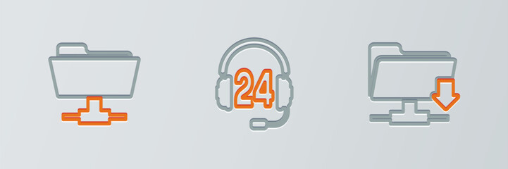Poster - set line ftp folder download, and headphone for support icon. vector