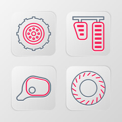 Sticker - Set line Car tire, mirror, gas and brake pedals and wheel icon. Vector