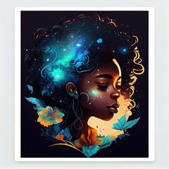 Wall Mural - A cute African American teenage goddess with beautiful afrocentric hairstyle made from celestial bodies fade into the universe. Generative AI AIG16.