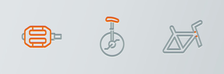 Wall Mural - Set line Bicycle frame, pedal and Unicycle or one wheel bicycle icon. Vector