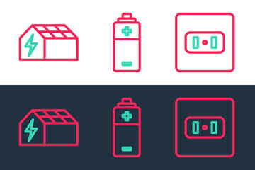 Poster - set line electrical outlet, solar energy panel and battery icon. vector