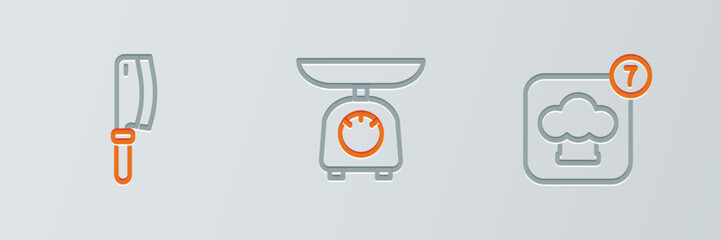 Poster - Set line Chef hat, Meat chopper and Scales icon. Vector