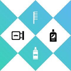 Poster - Set Barbershop, Shaving gel foam, Hairbrush and Bottle of shampoo icon. Vector