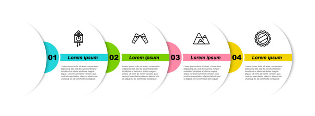 Sticker - Set line Retro wall watch, Glass of beer, Mountains and Bottle cap. Business infographic template. Vector