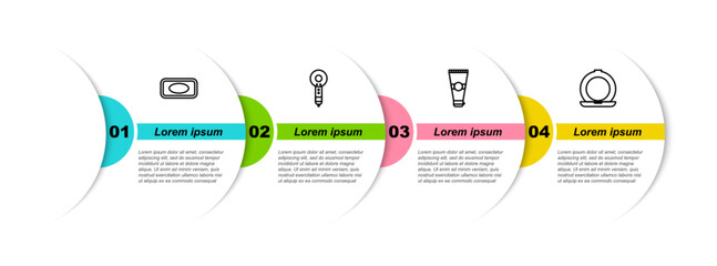 Poster - Set line Bar of soap, Hair dryer, Lotion cosmetic tube and Makeup powder with mirror. Business infographic template. Vector