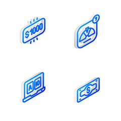 Poster - set isometric line lucky wheel, money prize in casino, online poker table game and stacks paper mone