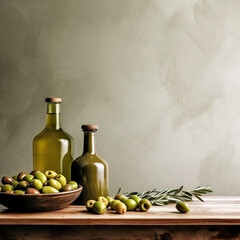 Wall Mural - Bottle of olives oil and olives fruits . Copy space. Healthy food ingredient. AI generative