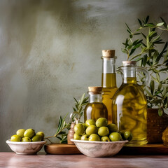 Wall Mural - Bottle of olives oil and olives fruits. AI generative