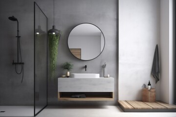 Wall Mural - mirror bathroom luxury gray sink home interior room contemporary design concrete. Generative AI.