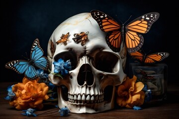 Wall Mural - death skull butterfly bone flower art halloween skeleton design illustration. Generative AI.