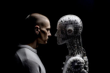 Poster - Person looking at a robotic Artificial intelligence version of themselves. Deep fake. Generative ai