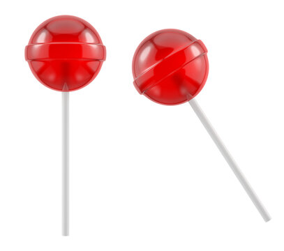 Red lollipop on white plastic stick. Isolated sweet candy. 3D rendered image.