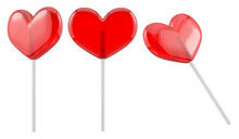 Red Lollipop Heart On White Plastic Stick. Isolated Sweet Candy. 3D Rendered Image.