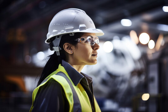 Professional female engineer in protective hat and glasses on a construction site. AI Generative
