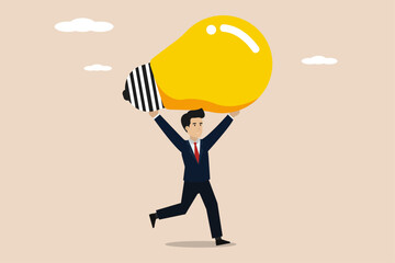 Wall Mural - Businessman get brilliant idea Businessman running with big idea lamp.