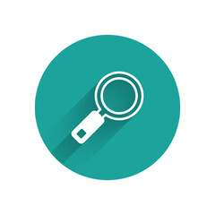 Poster - White Magnifying glass icon isolated with long shadow background. Search, focus, zoom, business symbol. Green circle button. Vector
