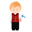 © Anastasia - Man in Finland national costume. Male cartoon character in traditional finnish ethnic clothes holding flag. Flat isolated illustration.