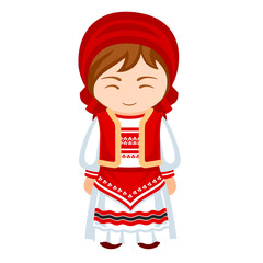 Wall Mural - Woman in Croatia national costume. Female cartoon character in croatian traditional ethnic clothes. Flat isolated illustration.