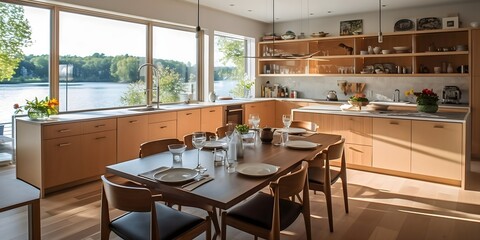 Wall Mural - A Kitchen Designed for Comfort: Custom Cabinetry, Plenty of Storage, and a Gorgeous Lake View to Relax and Unwind, Generative AI