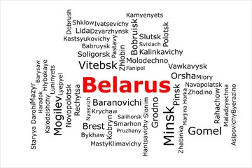 Tagcloud of the most populous cities in Belarus. The title is red and all the cities are black on the white background. There are cities like Minsk and Gomel.