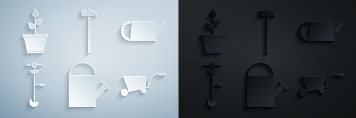 Wall Mural - Set Watering can, Grass and weed electric string trimmer, Wheelbarrow, Hammer and Plant pot icon. Vector