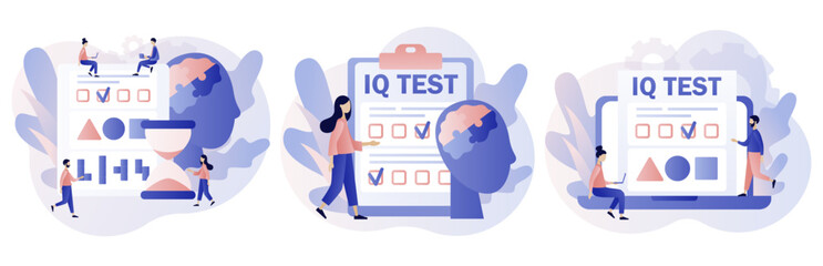 IQ test. Intelligence Quotient. Tiny people determine cognitive abilities. Modern flat cartoon style. Vector illustration on white background
