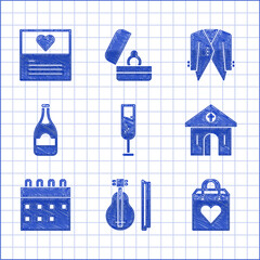 Poster - Set Glass of champagne, Violin, Shopping bag with heart, Church building, Calendar, Champagne bottle, Suit and Greeting card icon. Vector