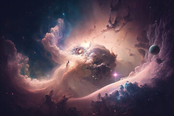 Wall Mural - pink nebula with stars. fantasy galaxy generative ai background