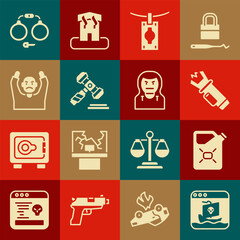 Canvas Print - Set Internet piracy, Canister fuel, Police electric shocker, Money laundering, Judge gavel, Thief surrendering hands up, Handcuffs and mask icon. Vector