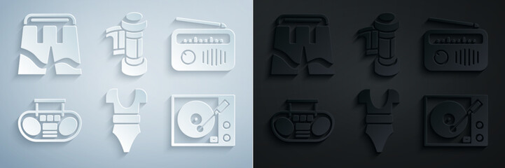 Sticker - Set Swimsuit, Radio with antenna, Home stereo two speakers, Vinyl player, Camera roll cartridge and Short or pants icon. Vector