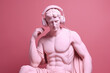 Ancient Greek sculpture of a man in headphones. AI generated image.