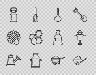 Sticker - Set line Watering can, Wheelbarrow with dirt, Onion, Can container for milk, Honeycomb, and Scarecrow icon. Vector