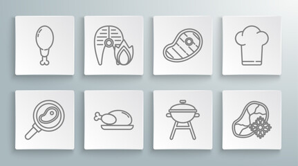 Poster - Set line Steak meat in frying pan, Grilled fish steak and fire flame, Roasted turkey or chicken, Barbecue grill, Fresh frozen, Chef hat and Chicken leg icon. Vector