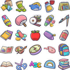 Vector set bundle of various cute art style school supplies theme items