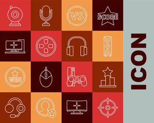 Sticker - Set line Target sport, Star, Stereo speaker, VS Versus battle, Gamepad, Computer monitor, Web camera and Headphones icon. Vector