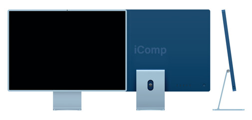 Poster - computer display blue color with black screen front, back and side view isolated on white background. realistic and detailed mockup of monitor for system unit. vector illustration