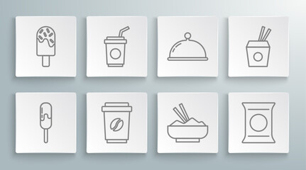 Sticker - Set line Ice cream, Paper glass with straw, Coffee cup to go, Rice in bowl chopstick, Bag or packet potato chips, Covered tray, Asian noodles and chopsticks and icon. Vector