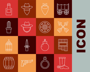 Sticker - Set line Cowboy boot, Pan flute, Crossed arrows, bandana, Western cowboy hat, Cactus peyote in pot, Tequila bottle and Old wooden wheel icon. Vector