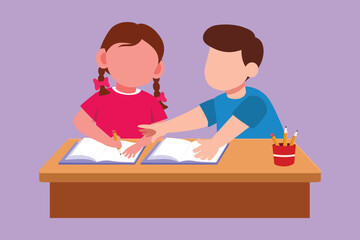 Wall Mural - Graphic flat design drawing of children studying together while boy explains to girl pointing at their notebook. Kids makes homework from school. Intelligent student. Cartoon style vector illustration