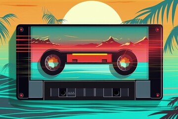 Old radio tape, 80s and 90s, retro style, colorful background, digital illustration. Generative AI