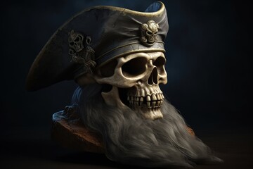 Wall Mural - Pirate captain skull with hat, black background fantasy concept. Generative AI