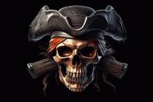 Skull Of A Pirate With Hat, Black Background Digital Illustration. Generative AI