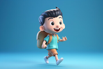 3D cartoon, little boy carrying a backpack to school. AI technology generated image