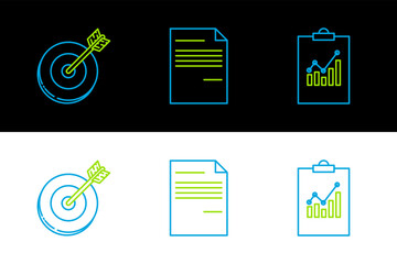 Sticker - Set line Clipboard with graph chart, Target and Document icon. Vector