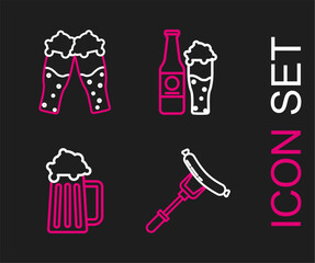 Sticker - Set line Sausage on the fork, Wooden beer mug, Beer bottle and glass and Glass of icon. Vector