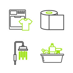 Poster - Set line Plastic bottles for liquid dishwashing liquid, Shower head with water drops flowing, Toilet paper roll and Washer and t-shirt icon. Vector