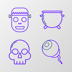 Wall Mural - Set line Eye, Skull, Halloween witch cauldron and Zombie mask icon. Vector