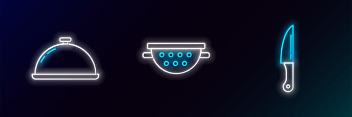 Canvas Print - Set line Knife, Covered with a tray of food and Kitchen colander icon. Glowing neon. Vector