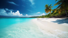 A Tranquil Beach Scene With Palm Trees, White Sand, And Calm Turquoise Waters, Generative AI